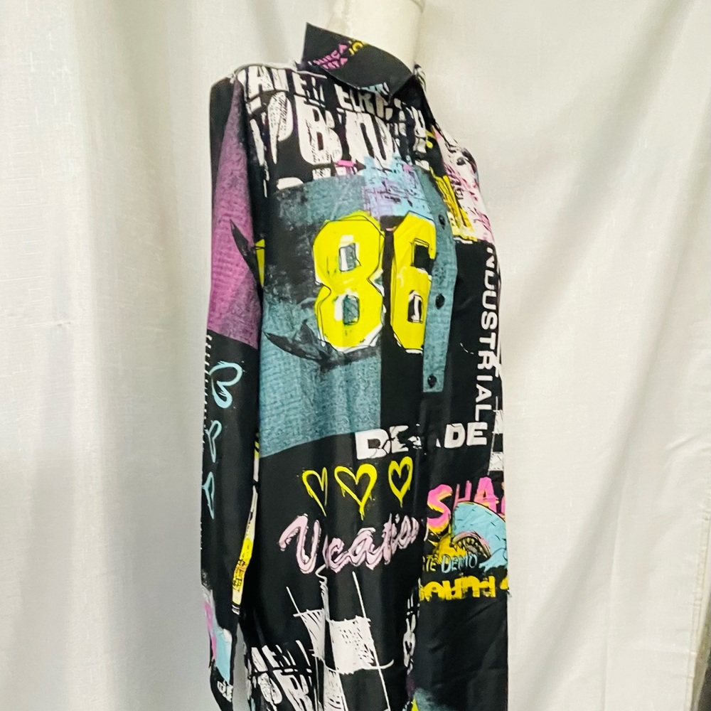 Truth NYC Black Button-Up Shirt with Pink & Yellow Graphic
